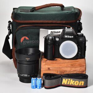 Nikon N80 35mm SLR Autofocus Camera Tamron 28-80mm Lens w/Hood User Manuals Bag